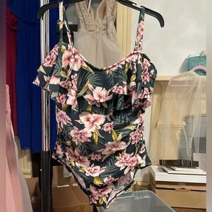 Green & Pink Floral Ruffle Swimsuit